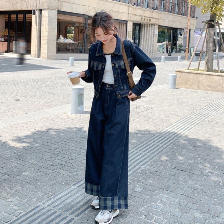 デニムセットアップ チェック柄アクセント付き上下セット