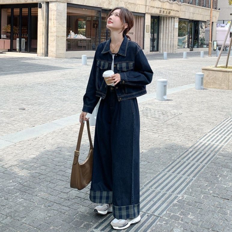 デニムセットアップ チェック柄アクセント付き上下セット