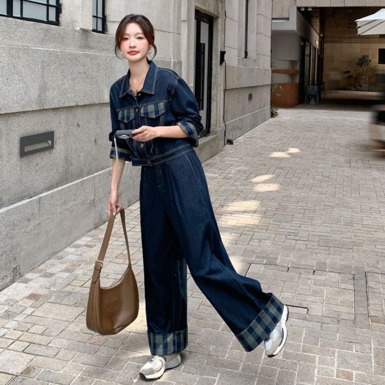 デニムセットアップ チェック柄アクセント付き上下セット