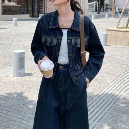 デニムセットアップ チェック柄アクセント付き上下セット