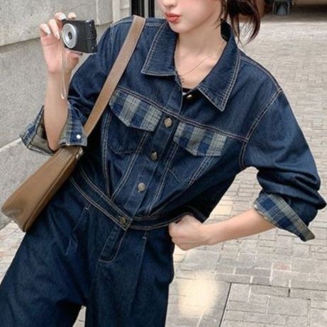 デニムセットアップ チェック柄アクセント付き上下セット