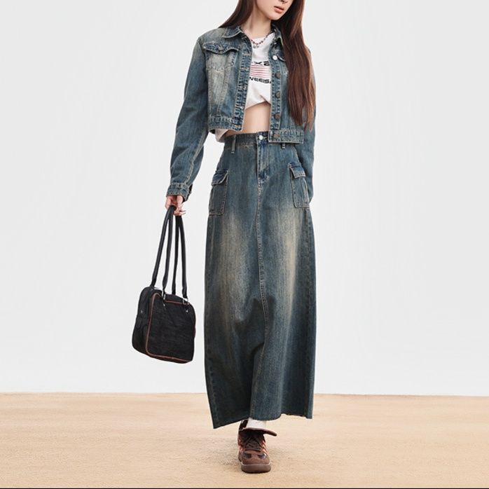 デニムセットアップ クロップド丈ジャケット×ロングスカート