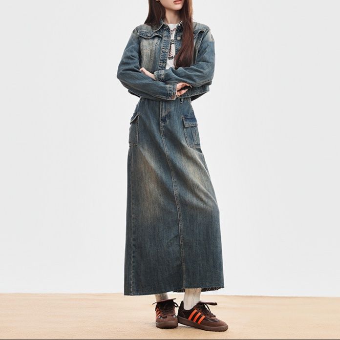 デニムセットアップ クロップド丈ジャケット×ロングスカート