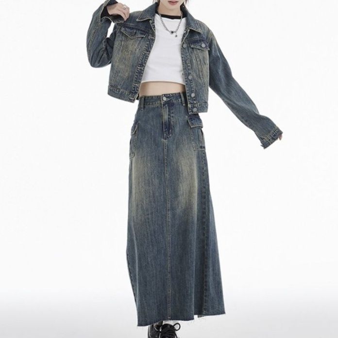 デニムセットアップ クロップド丈ジャケット×ロングスカート