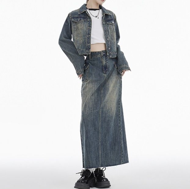 デニムセットアップ クロップド丈ジャケット×ロングスカート