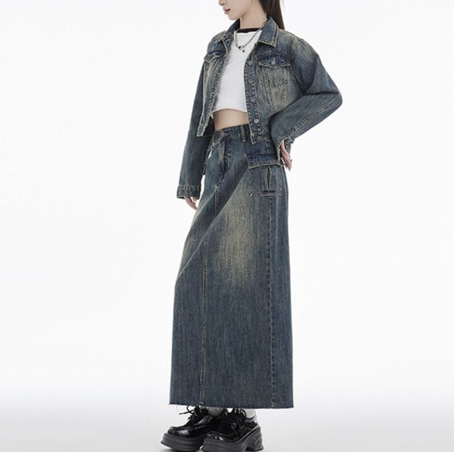 デニムセットアップ クロップド丈ジャケット×ロングスカート