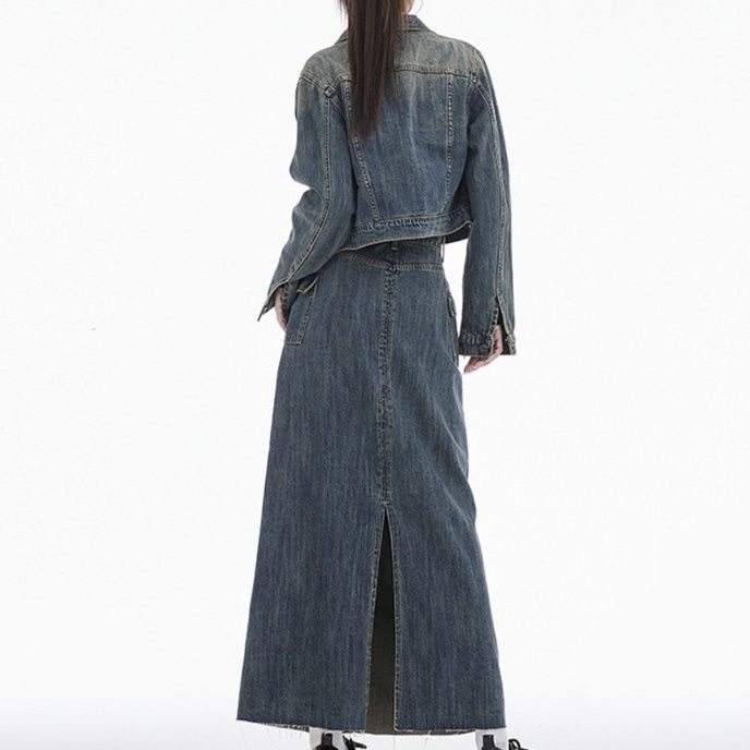 デニムセットアップ クロップド丈ジャケット×ロングスカート