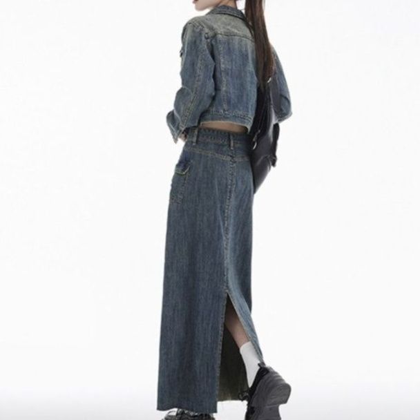 デニムセットアップ クロップド丈ジャケット×ロングスカート