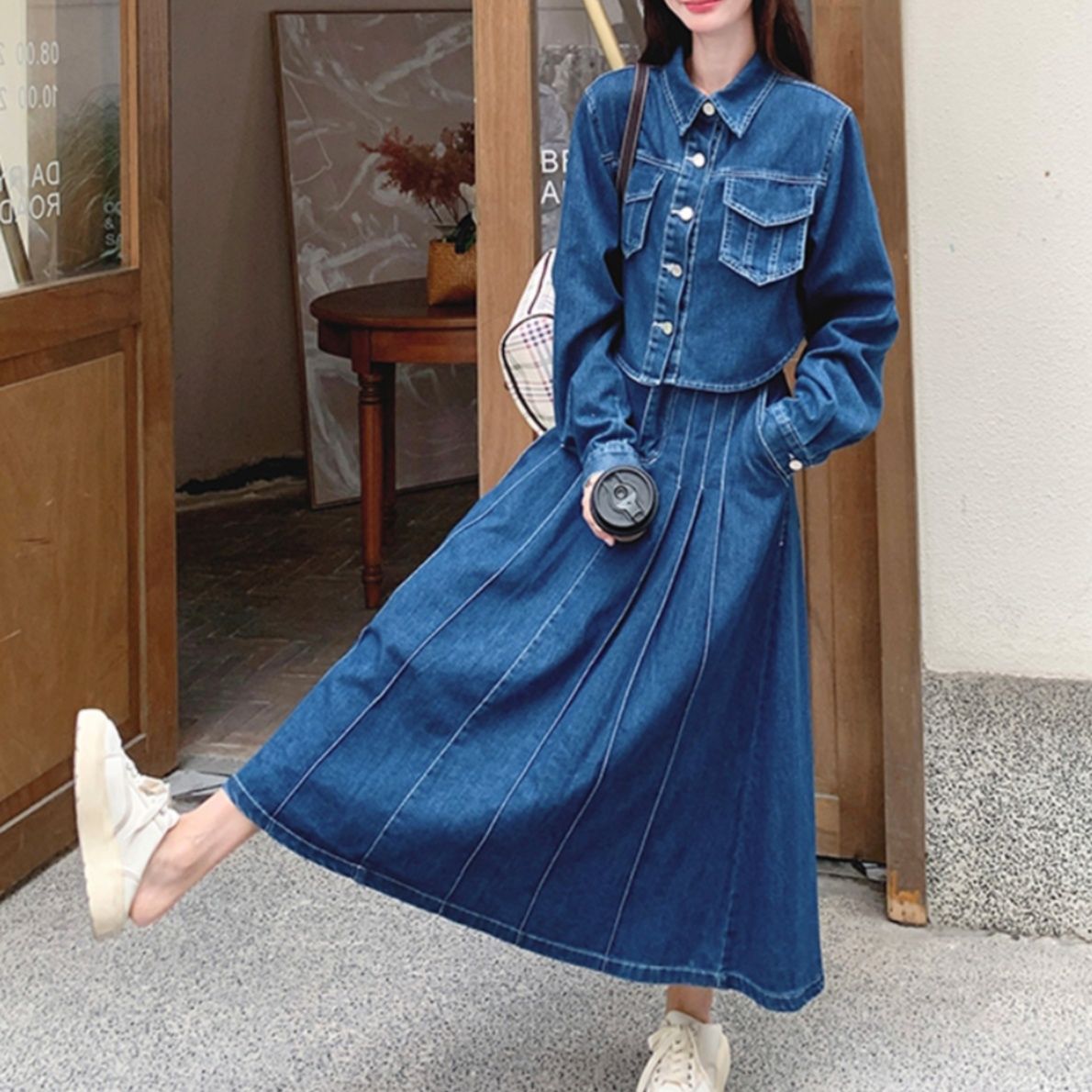 デニムセットアップ クラシカルジャケットプリーツ調セットアップ