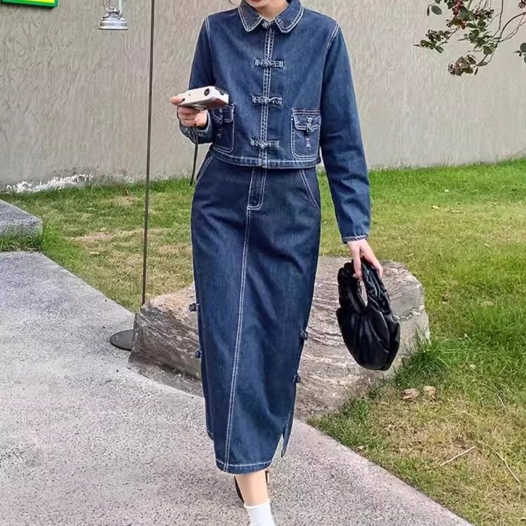 デニムセットアップ チャイナ風ジャケットスカートセット