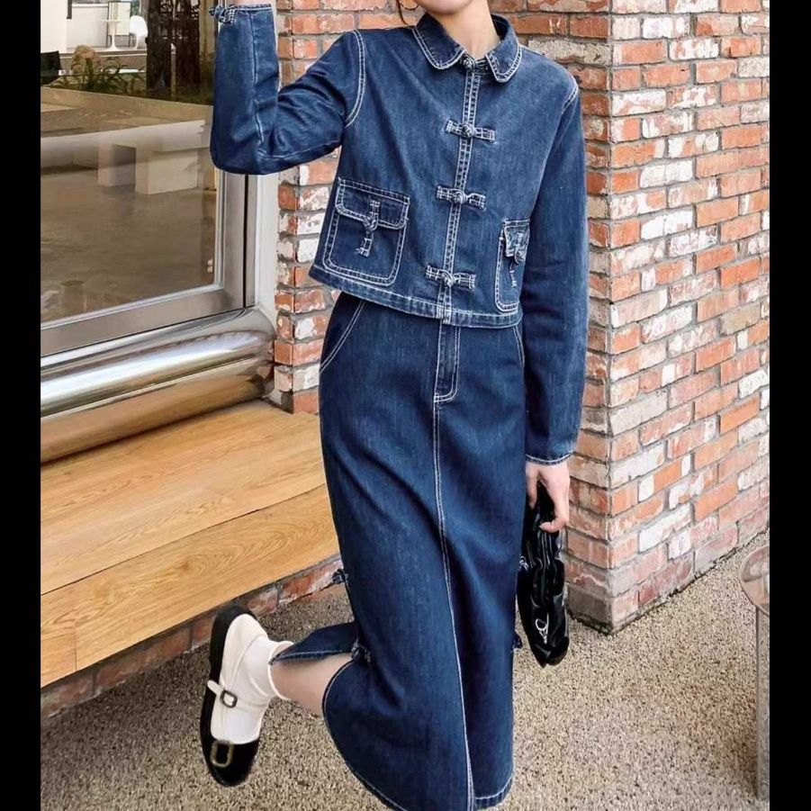 デニムセットアップ チャイナ風ジャケットスカートセット