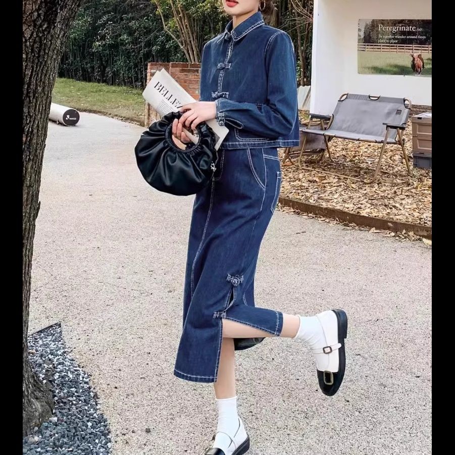 デニムセットアップ チャイナ風ジャケットスカートセット