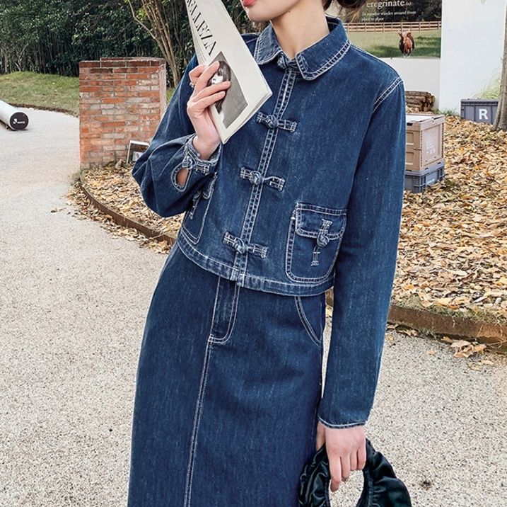 デニムセットアップ チャイナ風ジャケットスカートセット