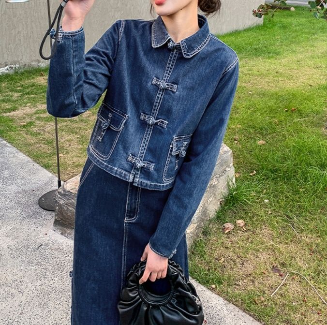 デニムセットアップ チャイナ風ジャケットスカートセット