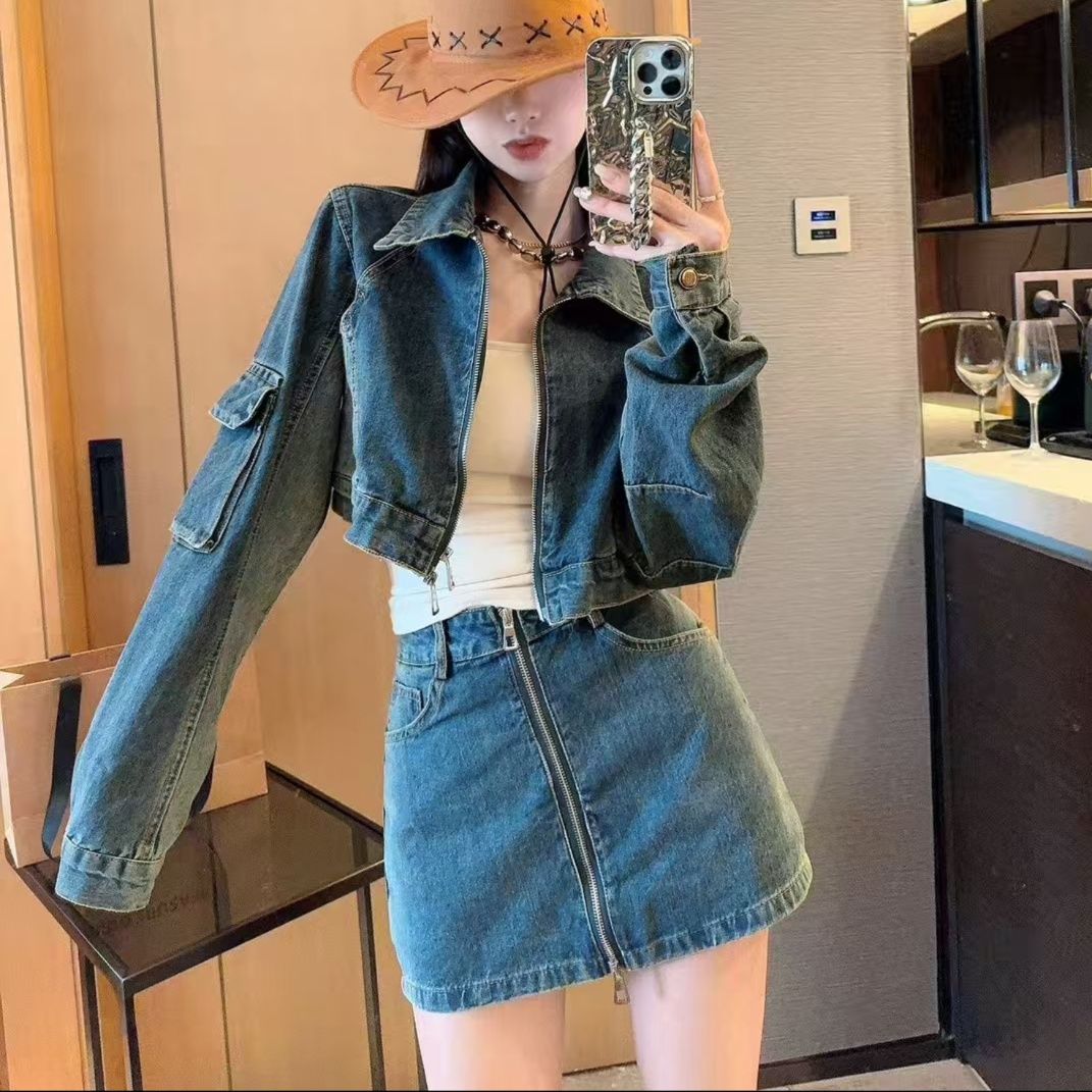 デニムセットアップ ジッパーデザイン ミニスカートセット