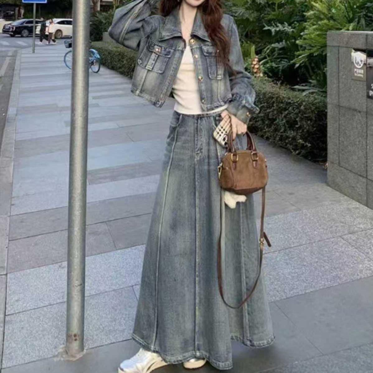 デニムセットアップ 程よい色落ちジャケット×ロングスカート