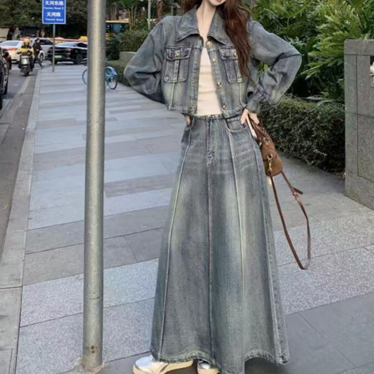 デニムセットアップ 程よい色落ちジャケット×ロングスカート