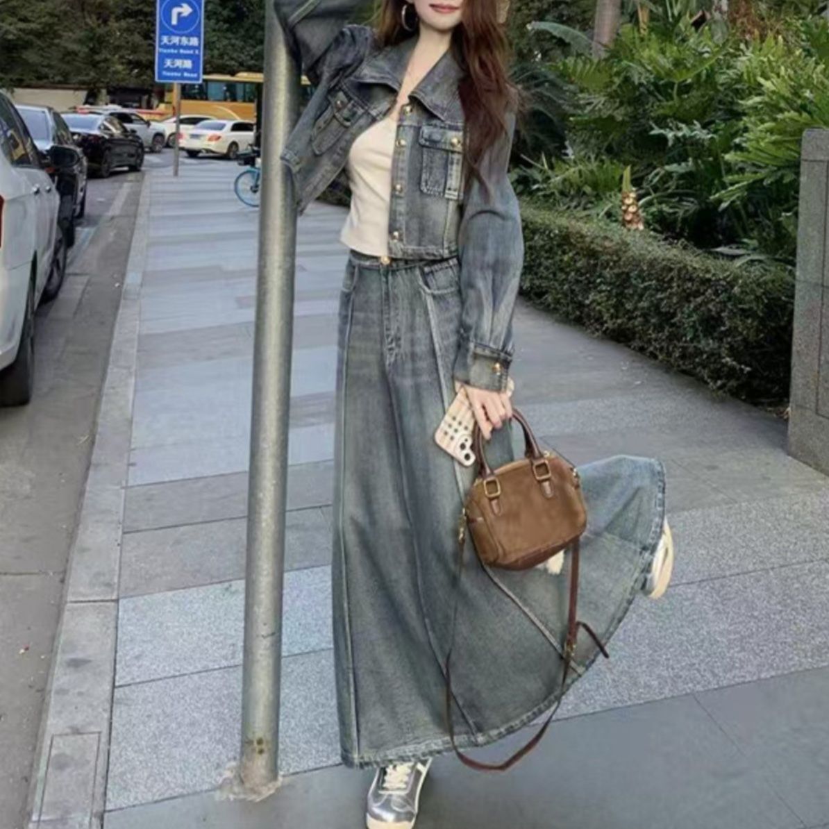 デニムセットアップ 程よい色落ちジャケット×ロングスカート