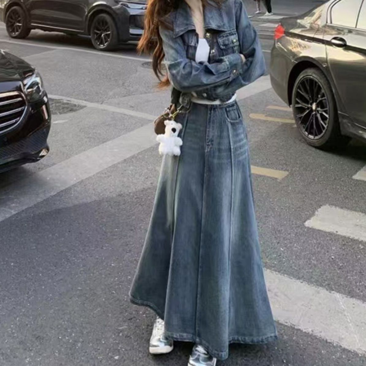 デニムセットアップ 程よい色落ちジャケット×ロングスカート