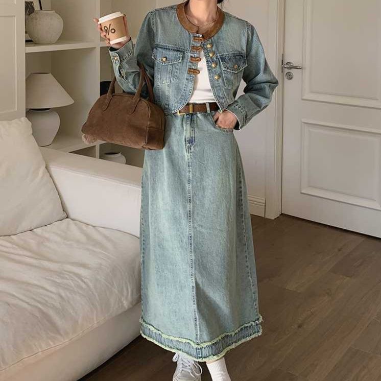 デニムセットアップ ノーカラークロップドジャケット＆ロングスカート