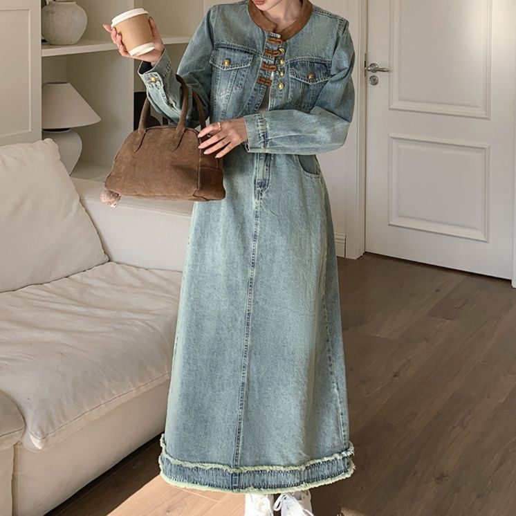 デニムセットアップ ノーカラークロップドジャケット＆ロングスカート