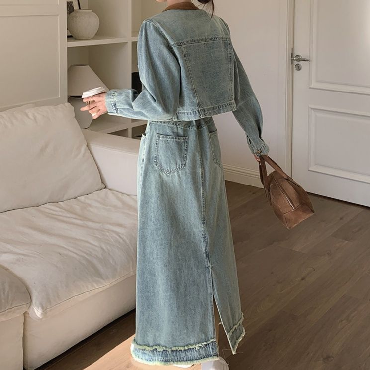 デニムセットアップ ノーカラークロップドジャケット＆ロングスカート