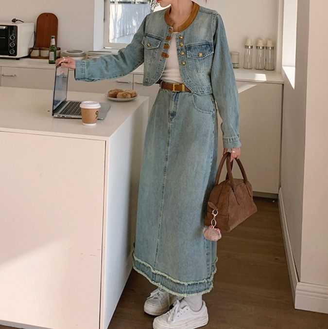 デニムセットアップ ノーカラークロップドジャケット＆ロングスカート