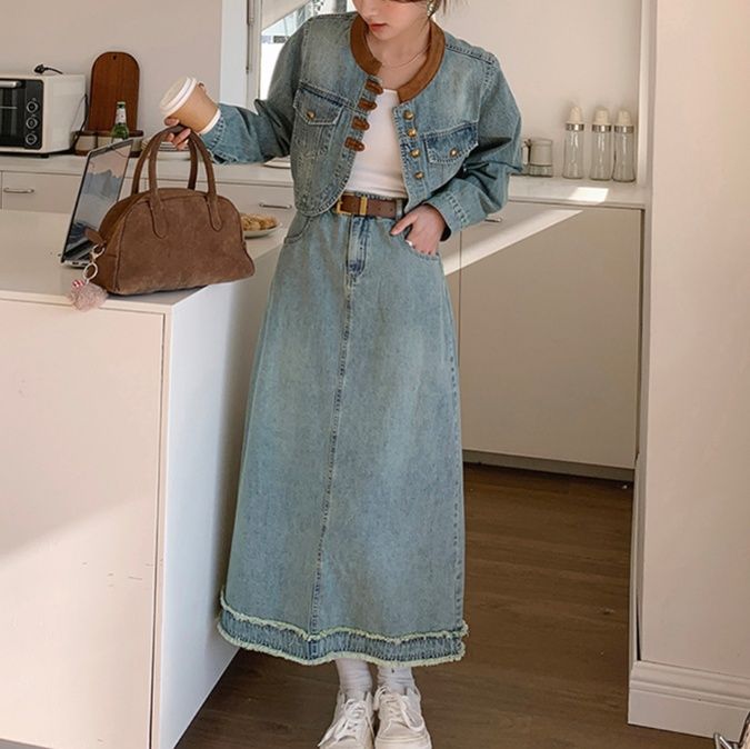 デニムセットアップ ノーカラークロップドジャケット＆ロングスカート