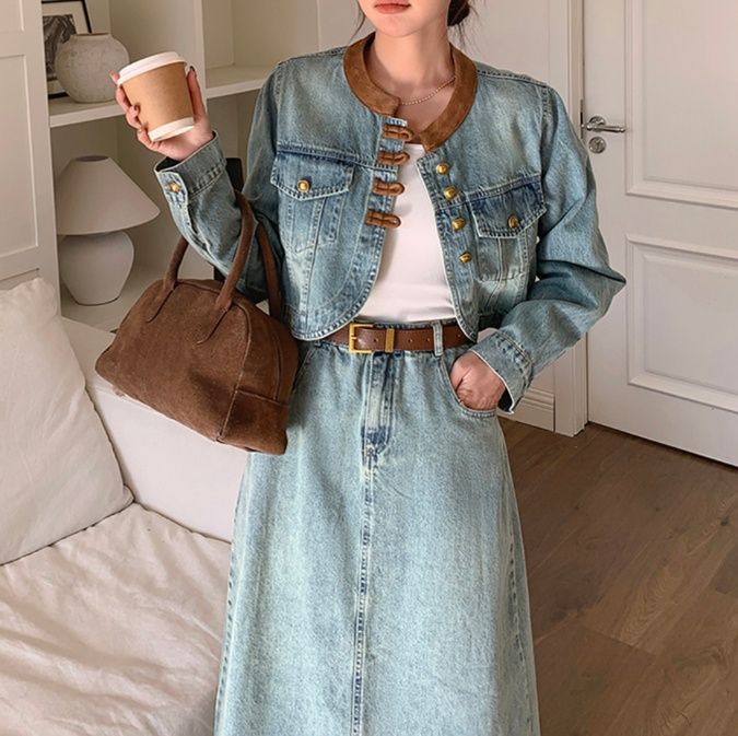 デニムセットアップ ノーカラークロップドジャケット＆ロングスカート