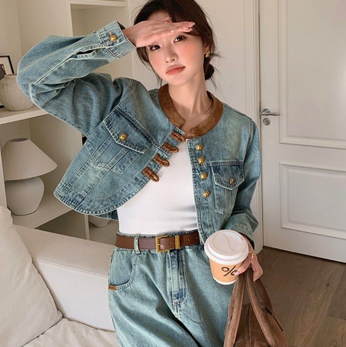 デニムセットアップ ノーカラークロップドジャケット＆ロングスカート