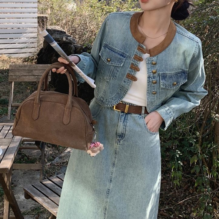 デニムセットアップ ノーカラークロップドジャケット＆ロングスカート