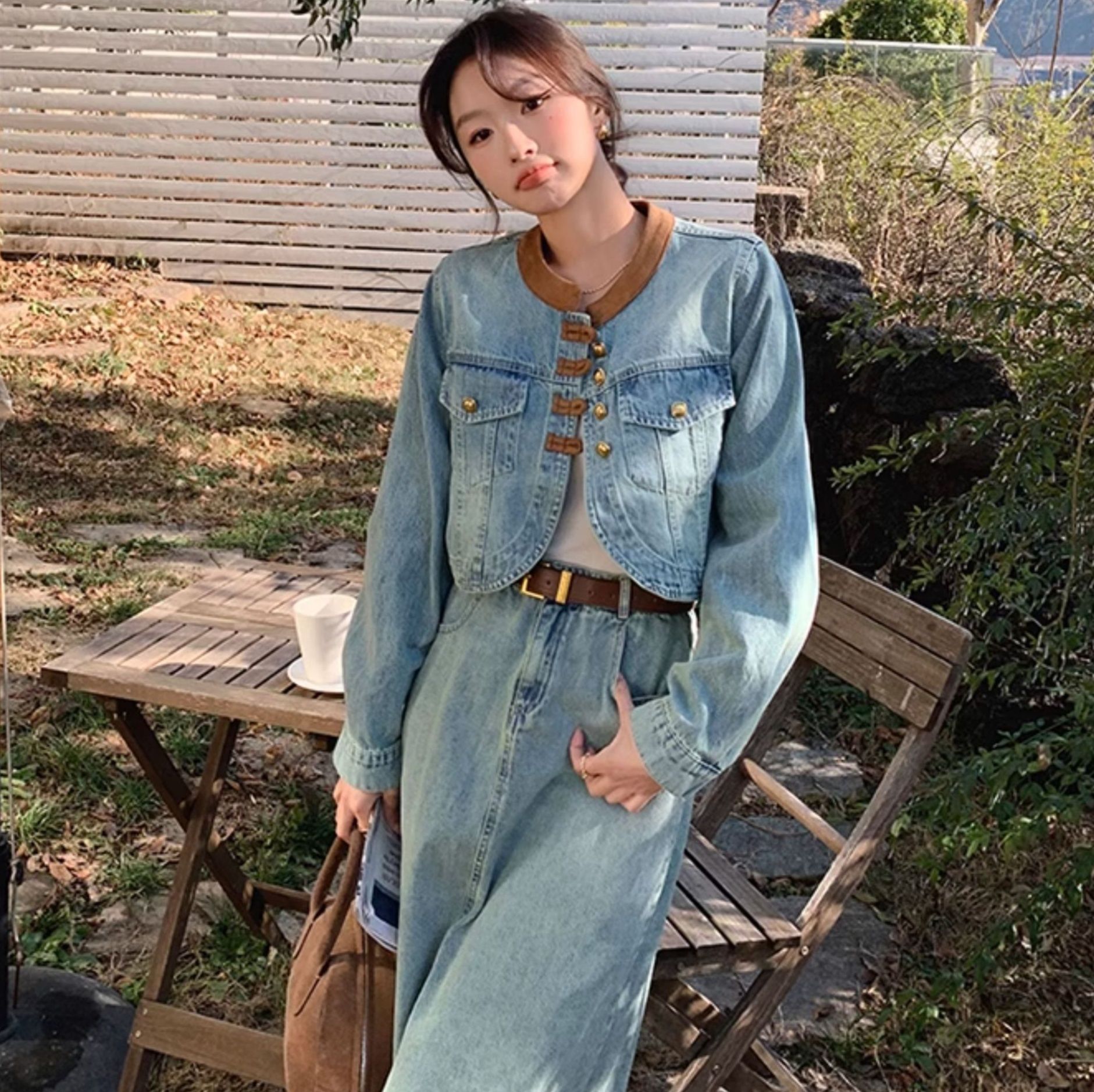 デニムセットアップ ノーカラークロップドジャケット＆ロングスカート