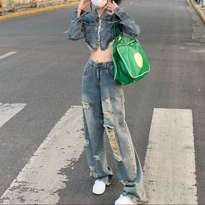 デニムセットアップ クロップド丈ダメージ加工セットアップ