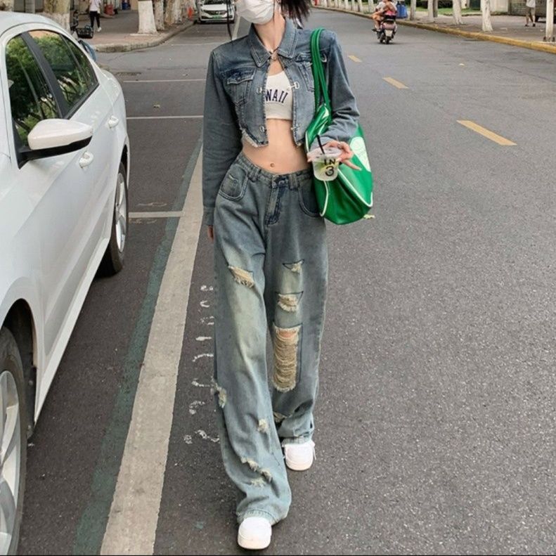 デニムセットアップ クロップド丈ダメージ加工セットアップ