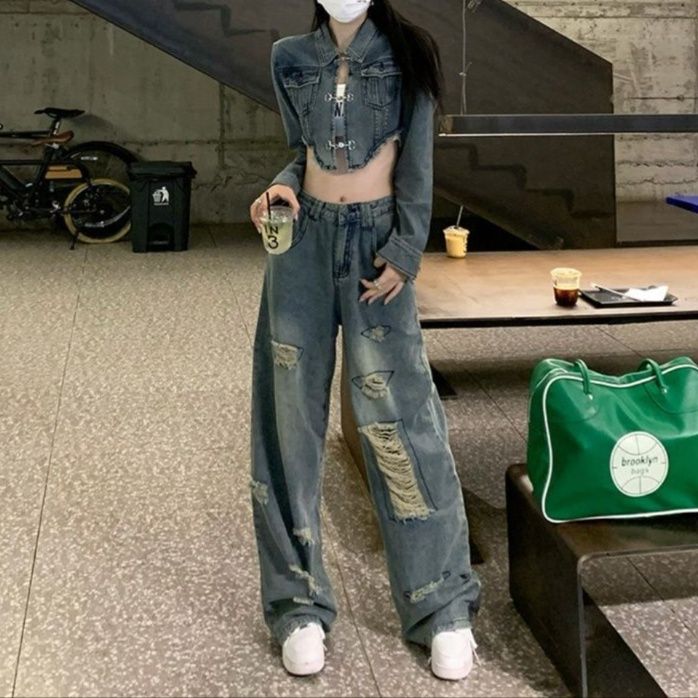 デニムセットアップ クロップド丈ダメージ加工セットアップ