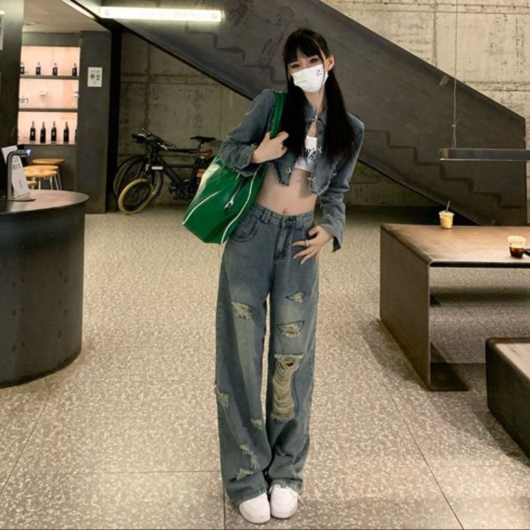 デニムセットアップ クロップド丈ダメージ加工セットアップ