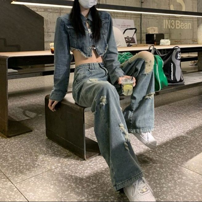 デニムセットアップ クロップド丈ダメージ加工セットアップ