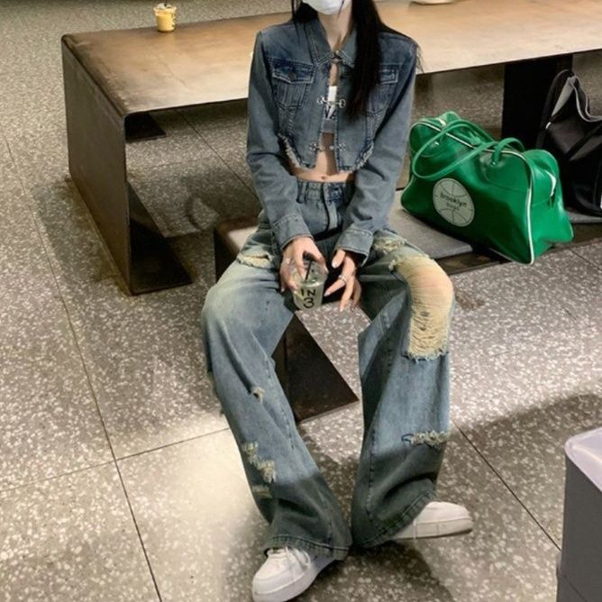 デニムセットアップ クロップド丈ダメージ加工セットアップ