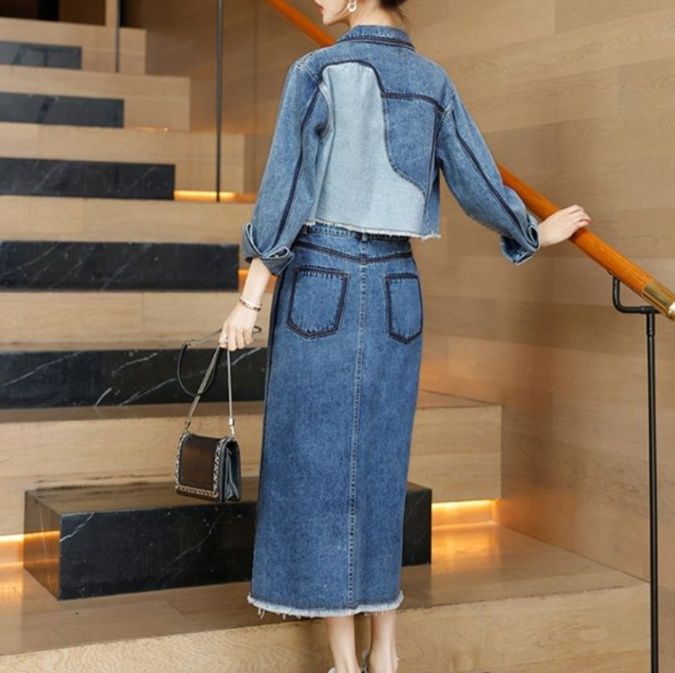 デニムセットアップ クロップド丈ジャケット×ロングスカート