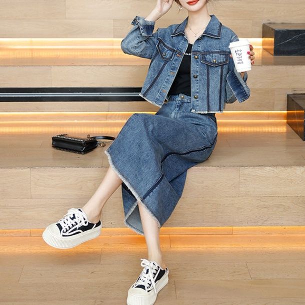 デニムセットアップ クロップド丈ジャケット×ロングスカート