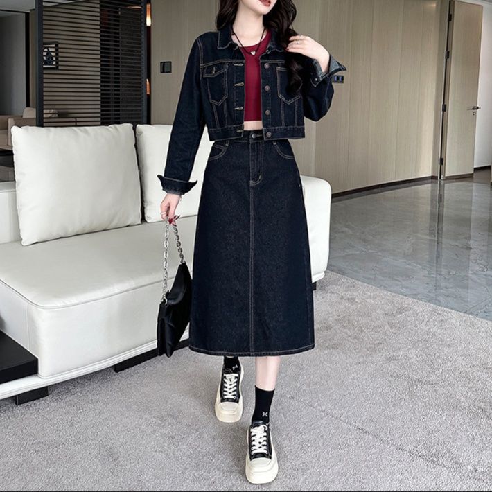 デニムセットアップ クロップド丈デニムジャケット＆スカート