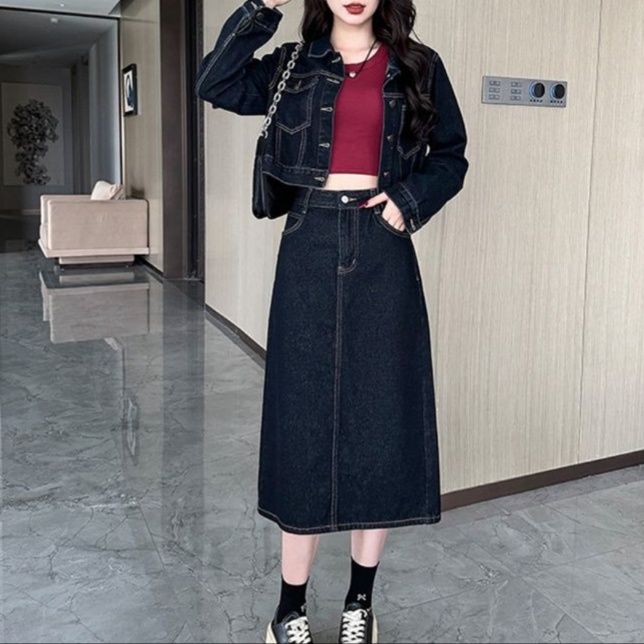 デニムセットアップ クロップド丈デニムジャケット＆スカート