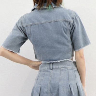 デニムセットアップ 短丈半袖デニムジャケット プリーツスカートセットアップ 春夏