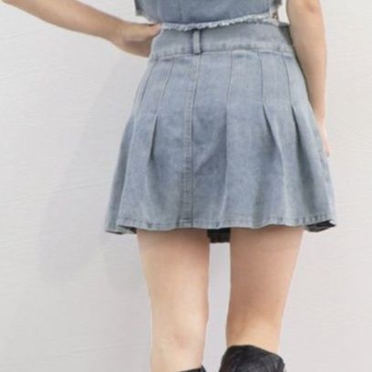デニムセットアップ 短丈半袖デニムジャケット プリーツスカートセットアップ 春夏