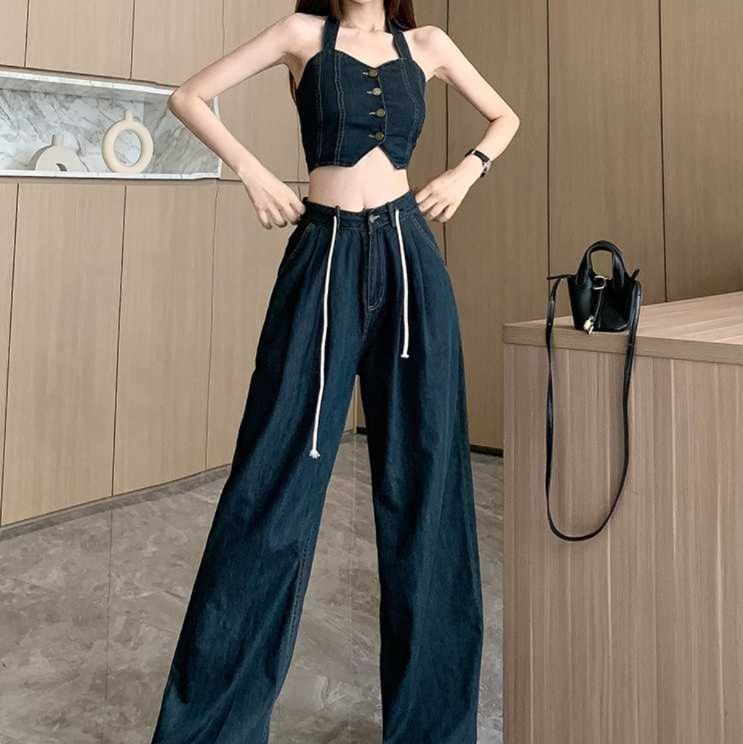 デニムセットアップ 背中見せビスチェとワイドパンツ