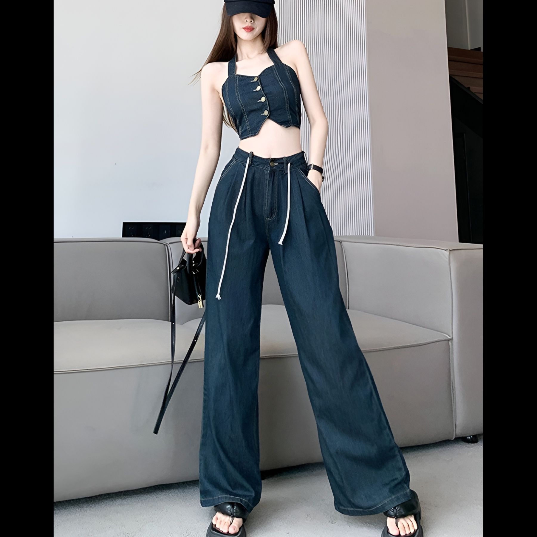 デニムセットアップ 背中見せビスチェとワイドパンツ