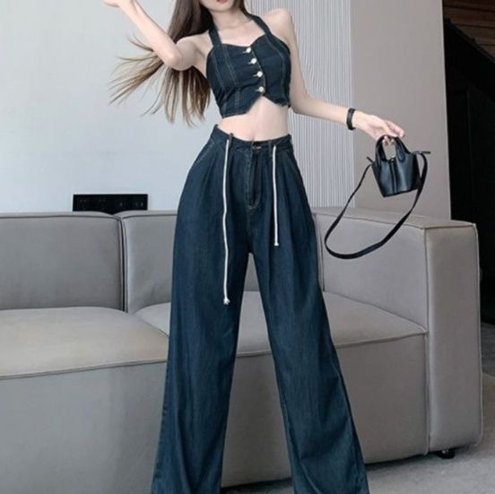 デニムセットアップ 背中見せビスチェとワイドパンツ