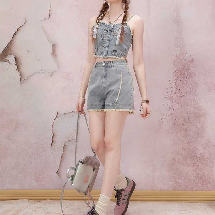 デニムセットアップ 編み上げフリンジビスチェセット