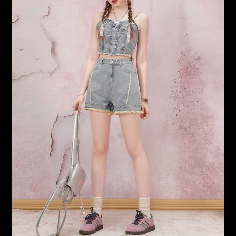 デニムセットアップ 編み上げフリンジビスチェセット