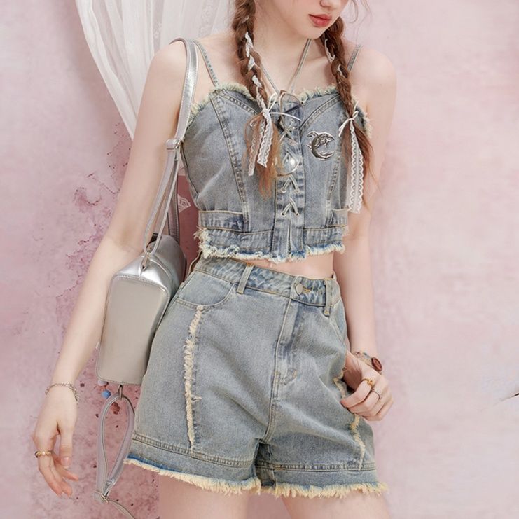 デニムセットアップ 編み上げフリンジビスチェセット